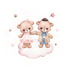 Watercolor Illustration cute couple teddy bears on the cloud23