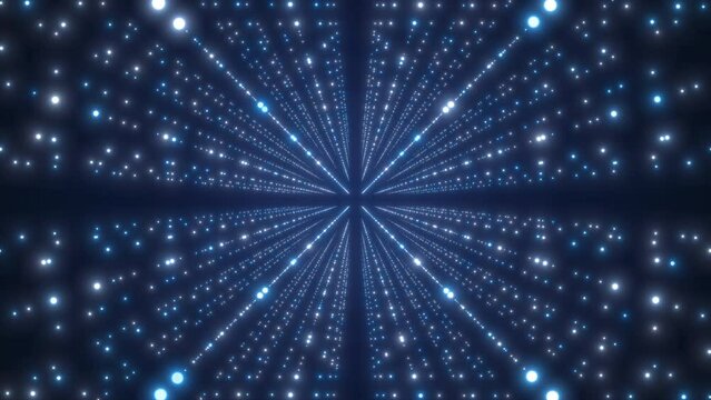 Abstract blue background. Points flying towards you in straight lines. 4k. 3D render.