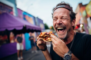 Cheerful middle-aged man eating pizza in the street.