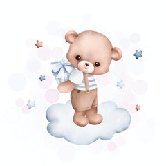Watercolor Illustration cute teddy bear on the cloud