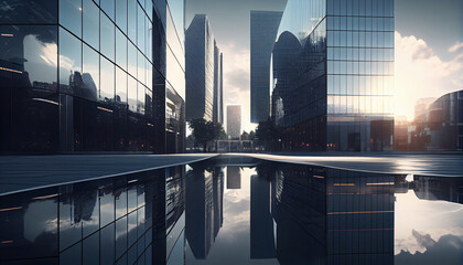 Reflective business office buildings with view of the city and modern concept background, Ai generated image 