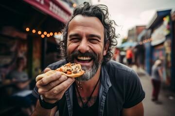 Cheerful man eating pizza at a street food market in London