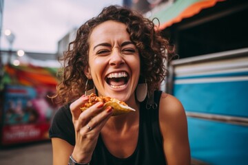 Beautiful young woman eating pizza in the city. Fast food concept.