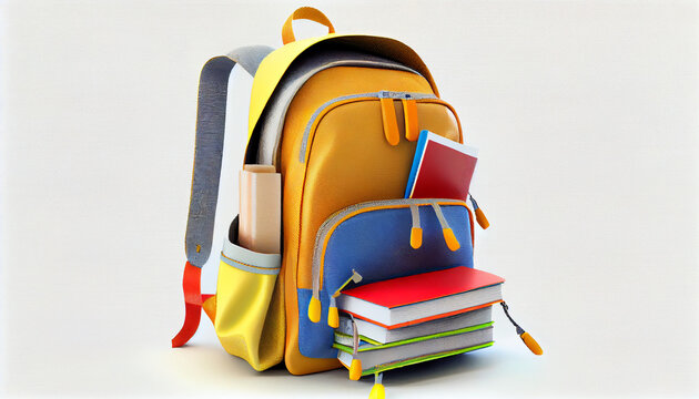 School backpack with books isolated on white background, Ai generated image 