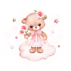 Watercolor Illustration cute teddy bear on the cloud