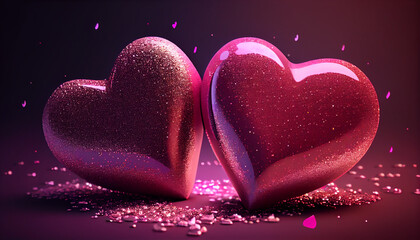Obraz premium Two pink hearts with nice glittery with Valentine’s day background, Ai generated image