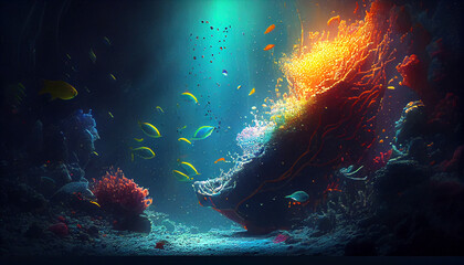 underwater scene with reef and coral, Underwater deep ocean mysterious colorful light background, Ai generated image - obrazy, fototapety, plakaty
