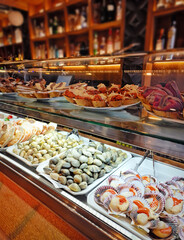 seafood in the restaurant window.