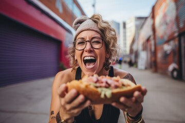 Young beautiful hipster woman eating a hot dog in the city.