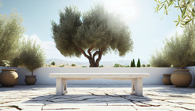bench in the park, Wooden bench on summer white stone terrace and olive tree and summer day view with summer vacation concept background, Ai generated image