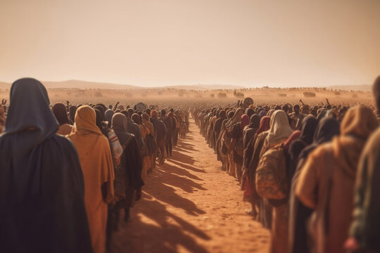 Crowd of refugee people goes in a line and a humanitarian disaster zone to cross the border into another country. Generative AI