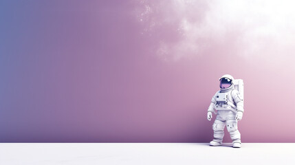Spaceman astronaut standing on outer space violet minimalist background with copy space