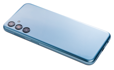 Blue Smart Phone with 3 camera isolated on white background, Blue Smart Phone on white PNG File.