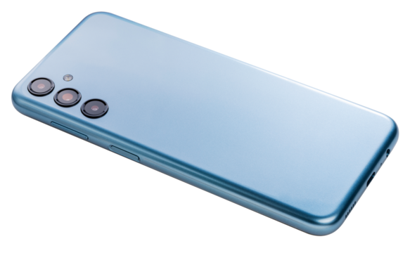 Blue Smart Phone with 3 camera isolated on white background, Blue Smart Phone on white PNG File.