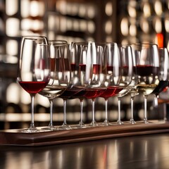 A row of wine glasses filled with different shades of red and white wines, lined up on a wooden bar counter3