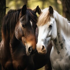 Obraz premium Two horse portrait on nature background. Horses in love