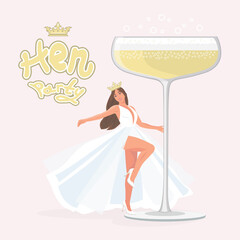 Hen party banner with bride, glass and gold crown. Bridal shower invitation.