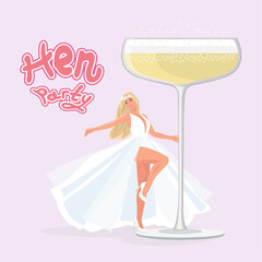 Hen party pink banner with blonde bride, glass and gold crown. Bridal shower invitation.