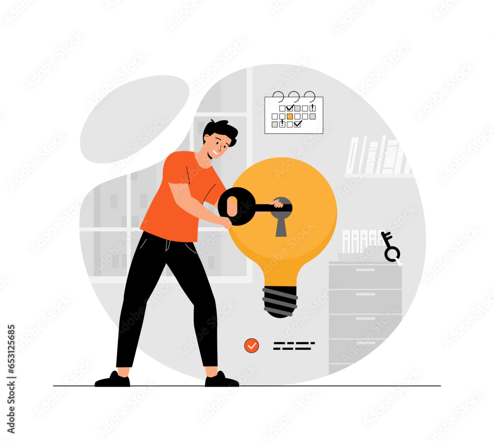 Poster finding ideas, solutions, brainstorming process. a man found a way out of a difficult situation. ill