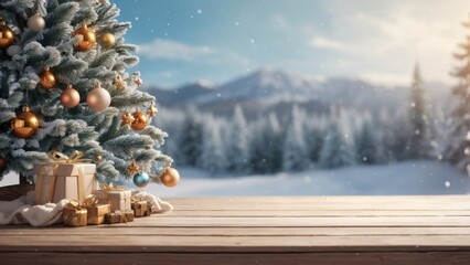 Empty Wooden table in front of winter landscape blurred background with empty space