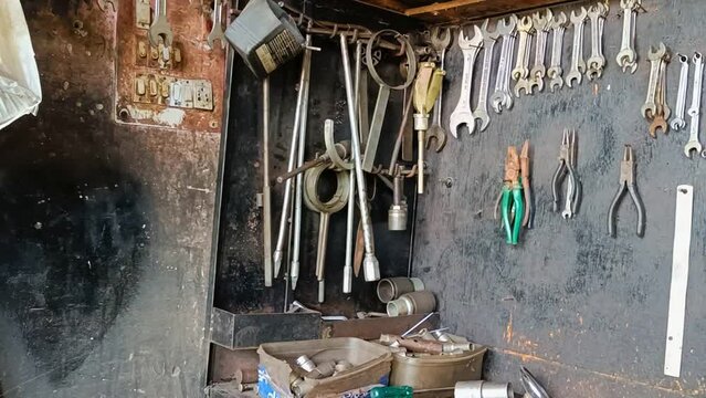 Tool Box in a Garage or workshop or repair shop Old Grungy tools
