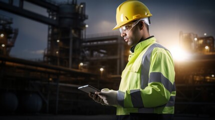 Engineer inspector conducting an inspection at an industrial plant wearing a hard hat and jacket and holding a document