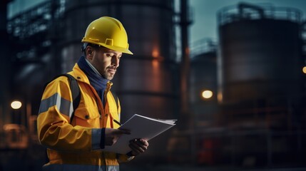 Engineer inspector conducting an inspection at an industrial plant wearing a hard hat and jacket and holding a document - obrazy, fototapety, plakaty