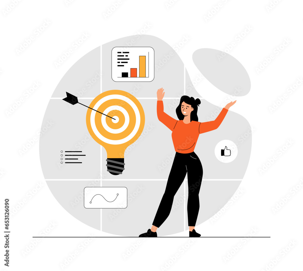 Poster finding ideas, solutions. brainstorming and finding solutions to problems. a happy woman find a grea