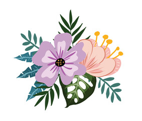 illustrations of a pink flower and purple flower with tropical leaves