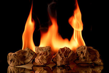 group of colorful stones with fire flames reflected on the ground isolated on a black background