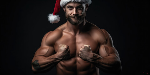 Young Muscular Santa Claus. Muscular Man with a red Santa Hat on a black background. Modern Santa...