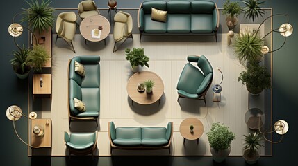 Top view layout plan of modern furnishings in interior design. Symmetrical details of home