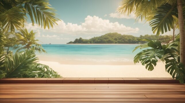 Table background of free space and summer beach landscape with clear skies
