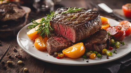 A delicious White plate topped with a juicy steak and roasted vegetables