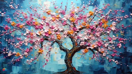 painting of a single cherry tree, in full bloom, the fresh spring earth blends into the sky in the background, large canvas wall art, living room wall décor artwork, Generative AI
