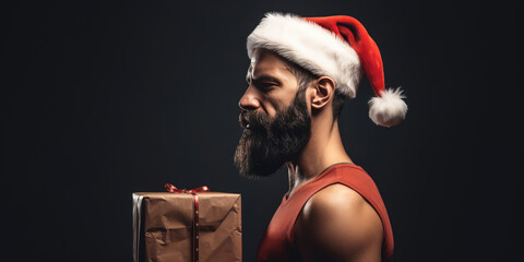 Strong Muscular Man in Santa Hat with Gift Box. Modern Santa Claus Bodybuilder gives a Christmas Present. Merry Christmas and Happy New Year. XMas holiday background for greeting card, banner design - obrazy, fototapety, plakaty