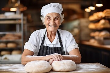 Portrait of a happy senior female baker sitting at a table in a bakery - obrazy, fototapety, plakaty
