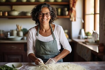 Portrait of a smiling young woman kneading dough in the kitchen