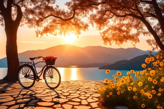 The Serenity of a Breathtaking Landscape at Sunset, Featuring a Colorful Bicycle with a Flower Basket as the Focal Point. An Image that Radiates the Peace and Beauty of the Golden Hourv