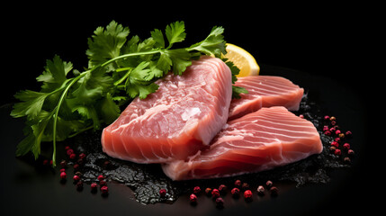 Fresh tuna fish fillet steaks garnished with parsley