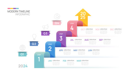 Business step timeline infographic arrow template. Modern milestone element timeline diagram calendar and 4 quarter topics, vector infographics.