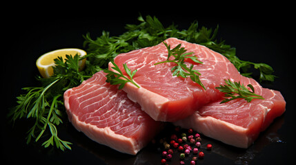 Fresh tuna fish fillet steaks garnished with parsley