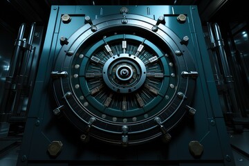 Bank vault door with a combination lock inside.