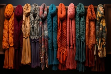 Crochet enthusiasts collection of beautiful handcrafted scarves, Generative AI - obrazy, fototapety, plakaty