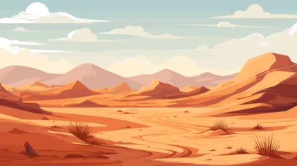Poster Desert sandy and rocky landscape, sunny day. Desert dunes vector background. © baobabay
