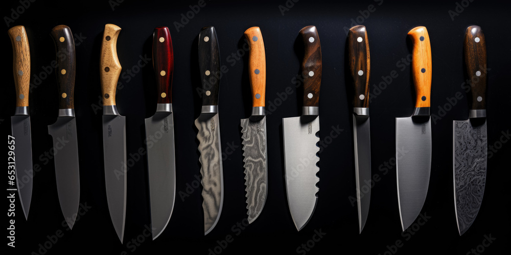 Wall mural set of various knives on a black background for design created using artificial intelligence
