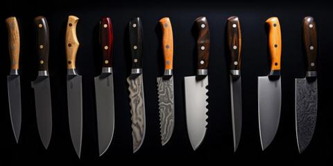 Set Of Various Knives On A Black Background For Design Created Using Artificial Intelligence - obrazy, fototapety, plakaty