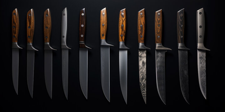 Set Of Various Knives On A Black Background For Design Created Using Artificial Intelligence