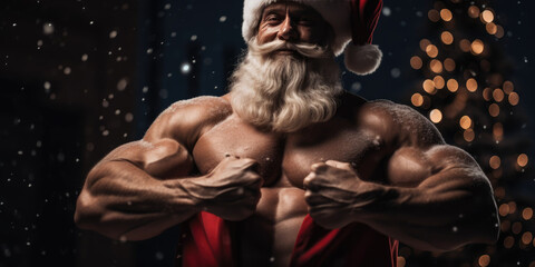 Strong Muscular Santa Claus. Muscular Man with grey beard with Red Santa Hat on a black background. Modern Santa Body builder demonstrates muscles. Merry Christmas and Happy New Year