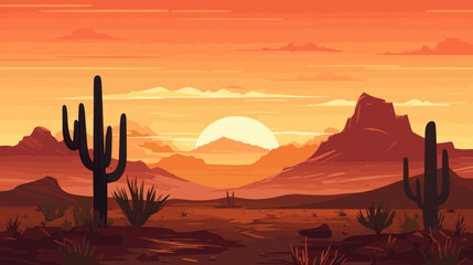 Desert sandy landscape with cactuses, sunset. Desert dunes vector background. - obrazy, fototapety, plakaty